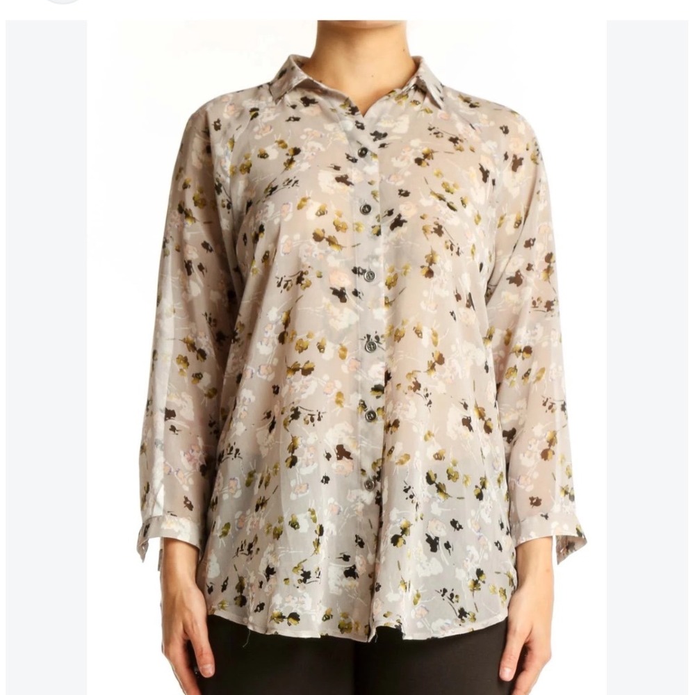 Cabi Women Grey Floral Sheer Button Down Blouse top shirt 3/4 Sleeve Top Size M